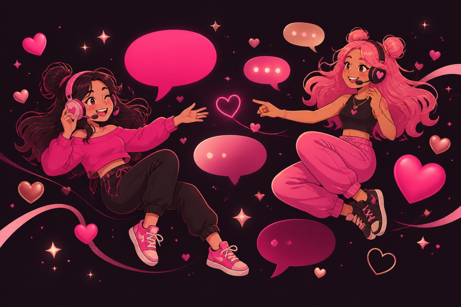 Ilustração de duas amigas conversando com fones de ouvido